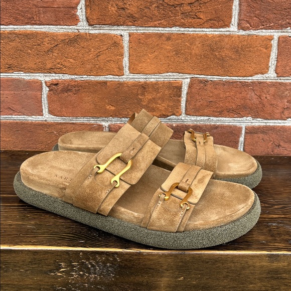 Sartore Women’s Tan Suede Slide Insole Sandals with Gold Accents - Picture 3 of 10